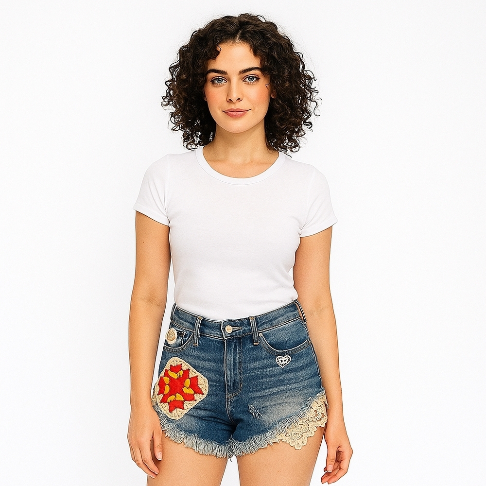 Hand Crafted Upcycled Denim Crochet Shorts Granny Square Handmade High rise 29 - Picture 3 of 17